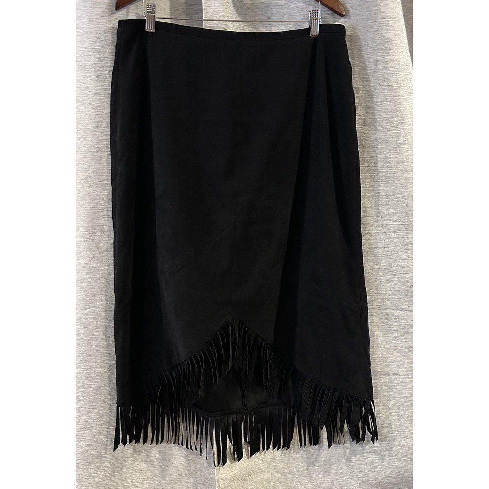 Denim & Co Skirt Black Fringe Asymmetric Faux Suede Western Ranch Large